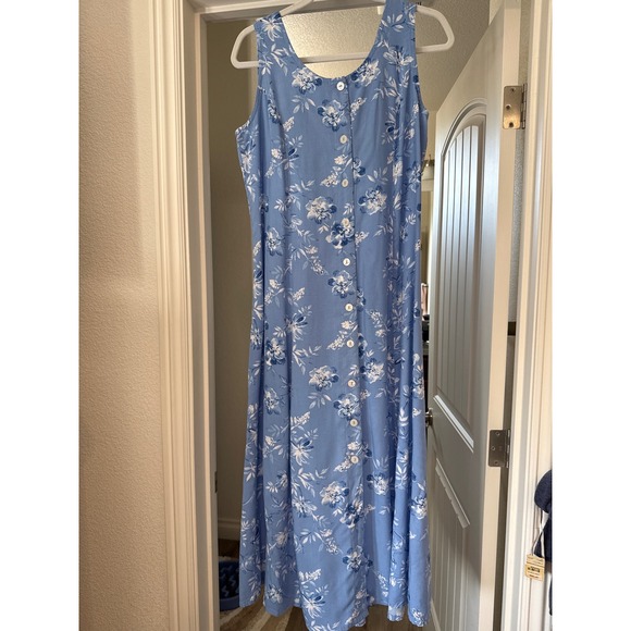 Blue Floral Rayon Maxi Dress Sleeveless Smocked Back Button Front Cottagecore - Picture 2 of 7